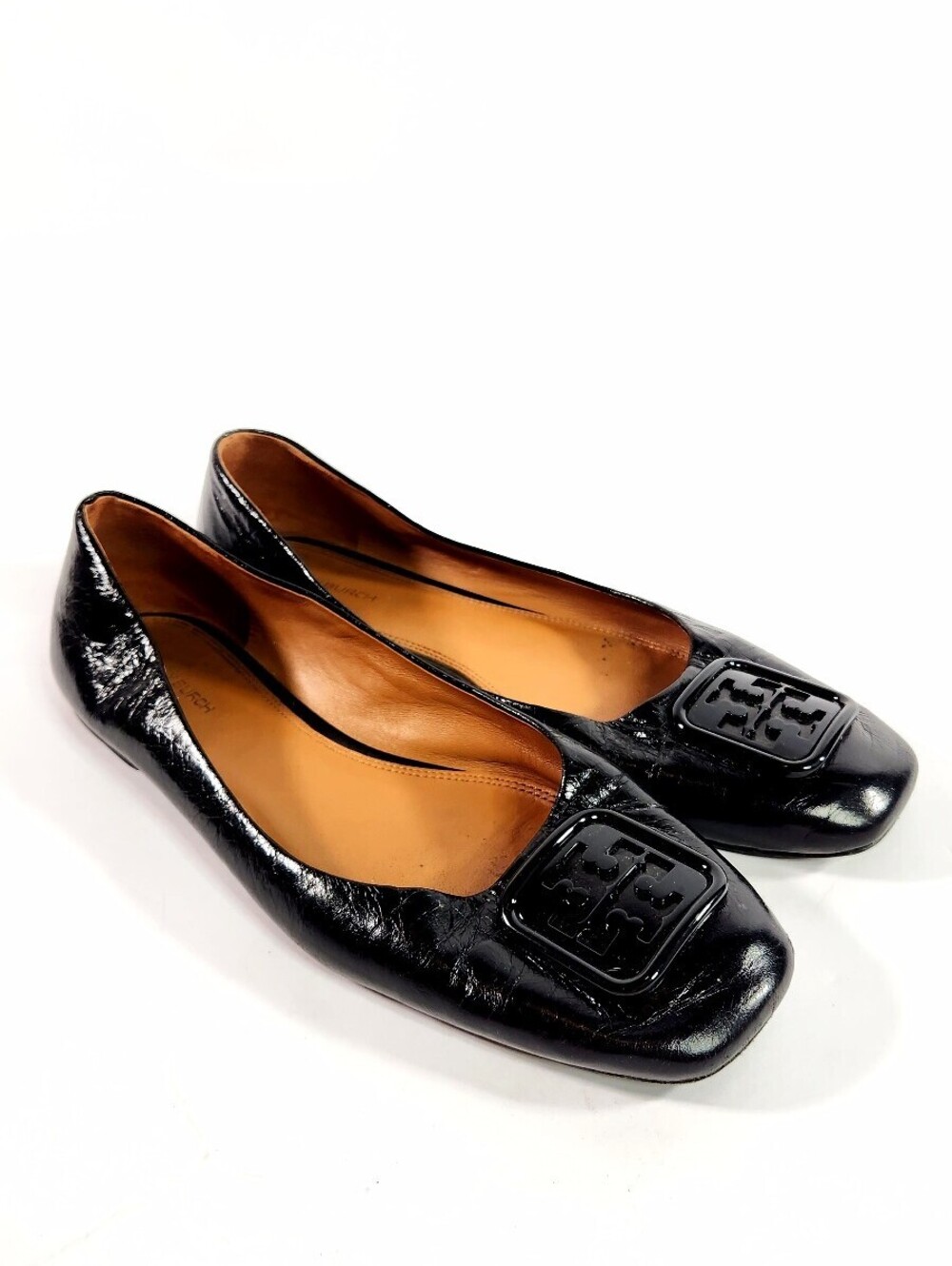 Tory Burch Black Patent Leather Square Toe Flats with Logo
